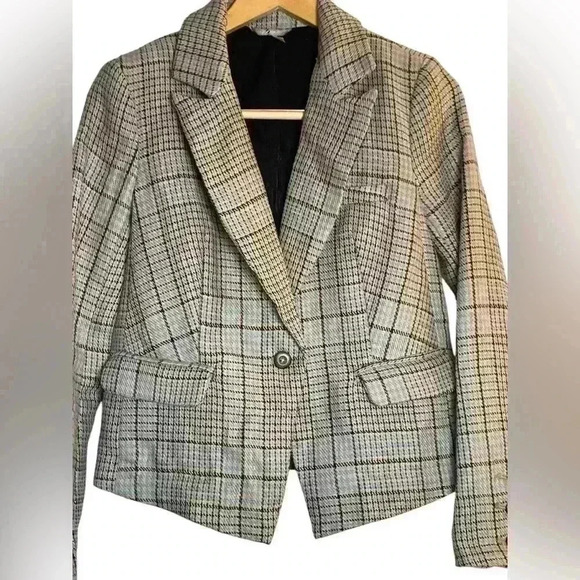 Free People Chess Linen Gray Blue Blazer XS Extra Small 1 Button Preppy Office - Picture 5 of 12